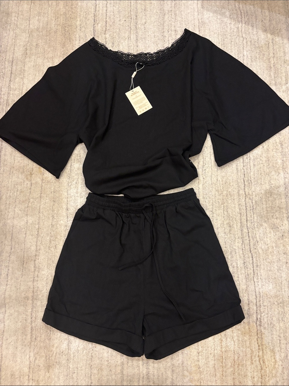 Modesees Black Lace-Trim Short Sleeve Linen shirt and shorts